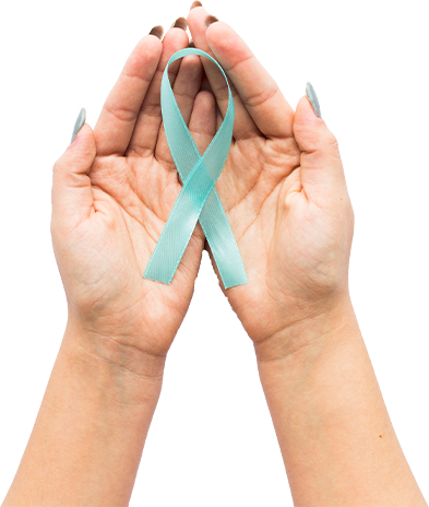 Hands holding teal ribbon for mesothelioma support